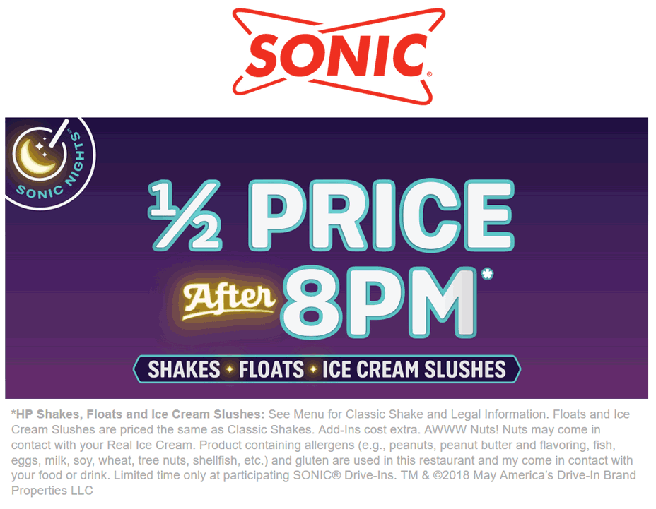 Sonic Drive-In Coupon April 2024 50% off shakes & slushies after 8p at Sonic Drive-In