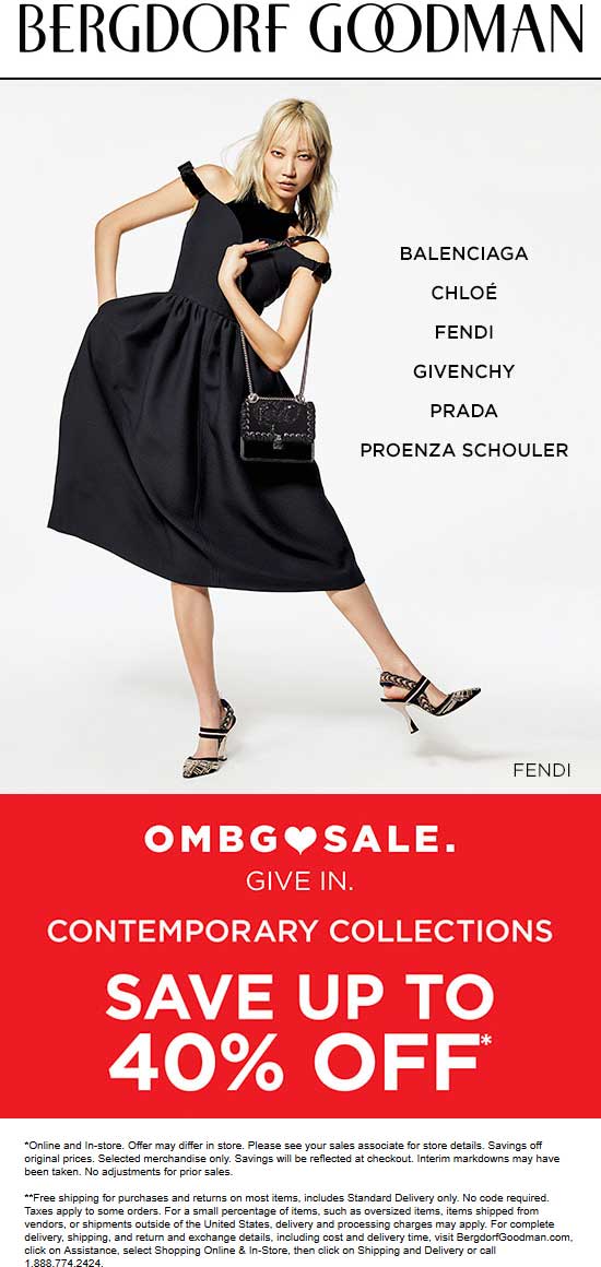 Bergdorf Goodman Coupon April 2024 40% off contemporary collection at Bergdorf Goodman, ditto online