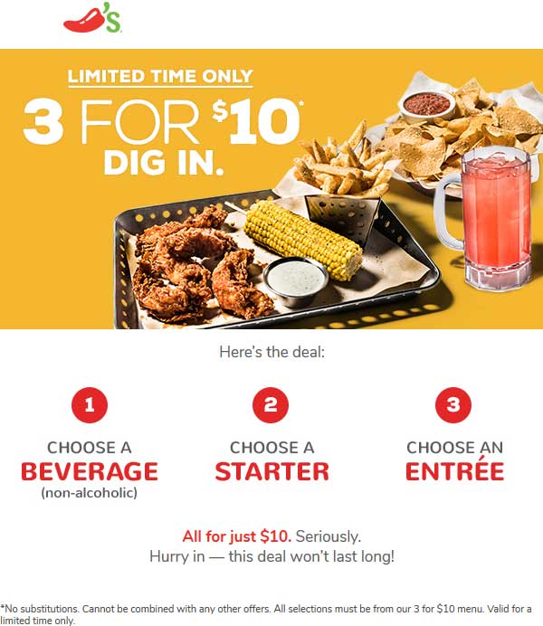 Chilis Coupon March 2024 Entree + appetizer + drink = $10 at Chilis