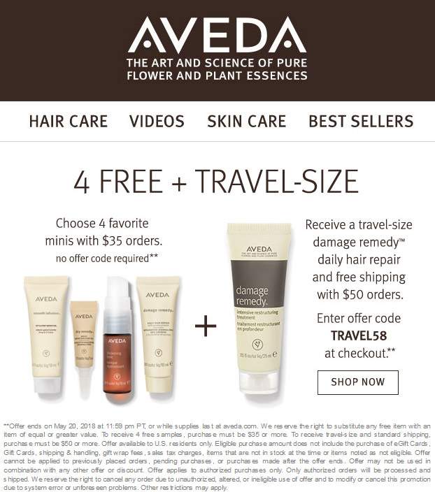 Aveda Coupon April 2024 4-5 free items with $35 spent online at Aveda via promo code TRAVEL58