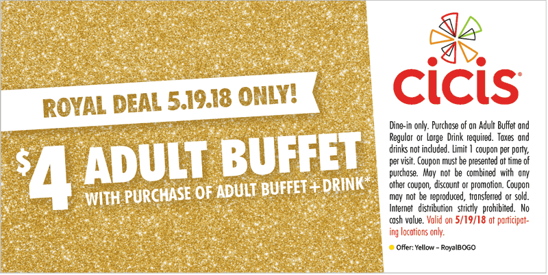 CiCis Pizza Coupon March 2024 Second buffet $4 today at Cicis Pizza