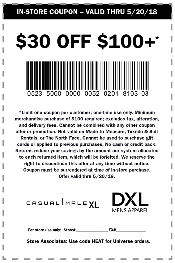 Casual Male XL Coupon April 2024 $30 off $100 at DXL & Casual Male XL