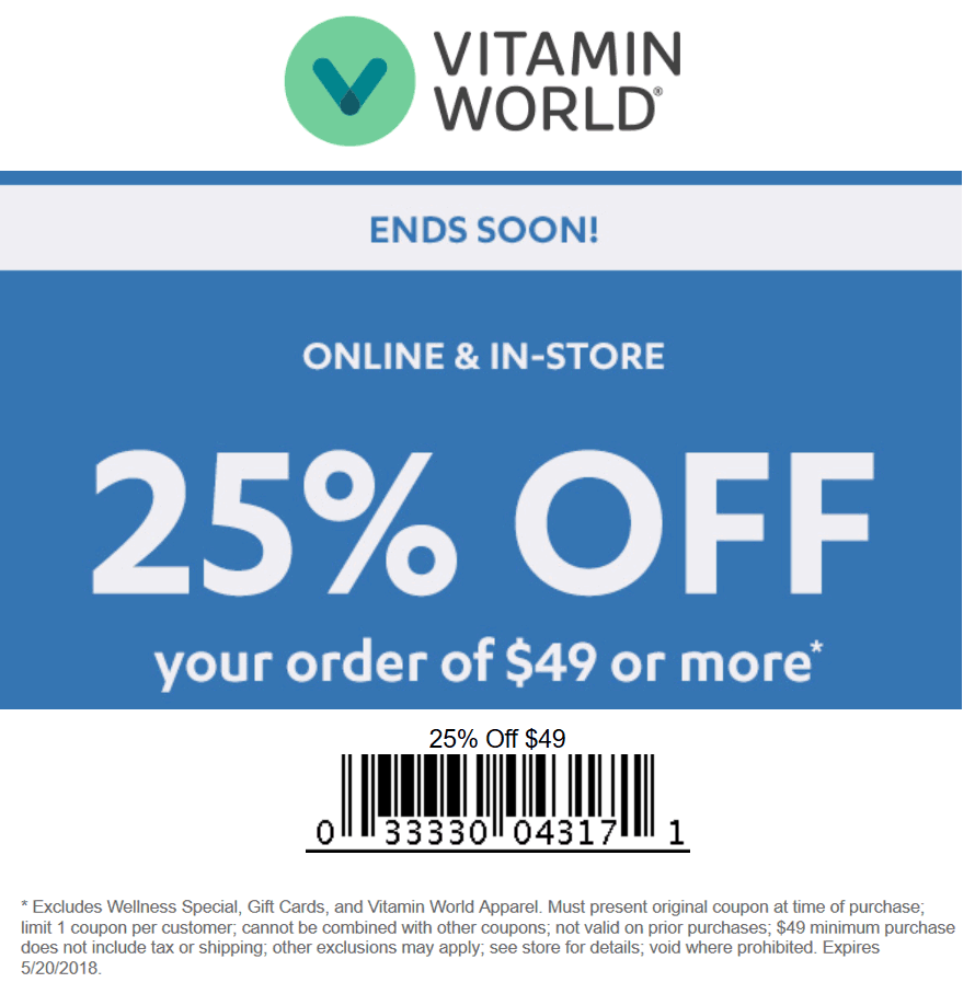 Vitamin World Coupon April 2024 25% off $49 today at Vitamin World, or online via promo code VE05A10