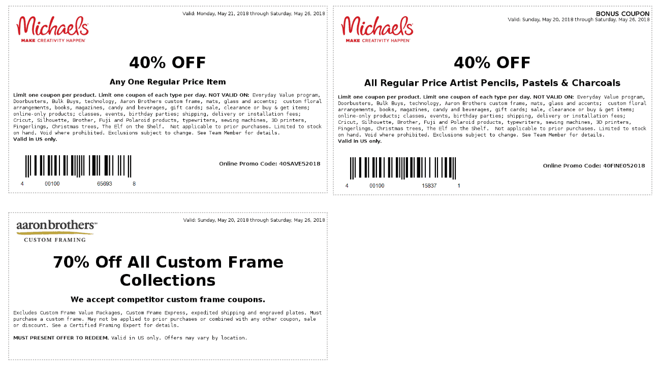 Michaels Coupon April 2024 40% off a single item at Michaels, or online via promo code 40SAVE52018
