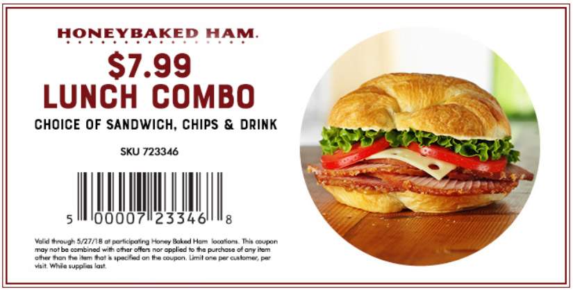 HoneyBaked Coupon April 2024 Sandwich + chips + drink = $8 at Honeybaked Ham