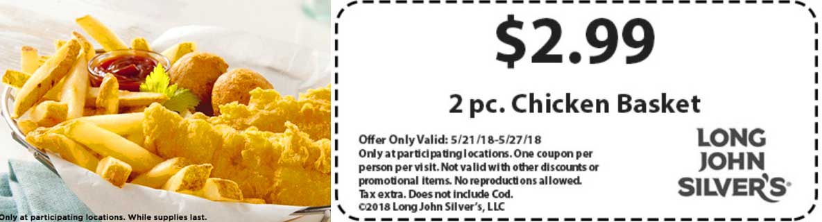 Long John Silvers Coupon April 2024 2pc chicken basket for $3 at Long John Silvers restaurants