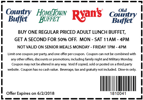 Hometown Buffet Coupon April 2024 Second lunch 50% off at Ryans, HomeTown Buffet & Old Country Buffet