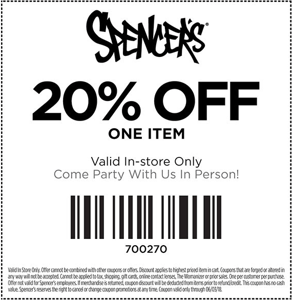 Spencers Coupon March 2024 20% off a single item at Spencers