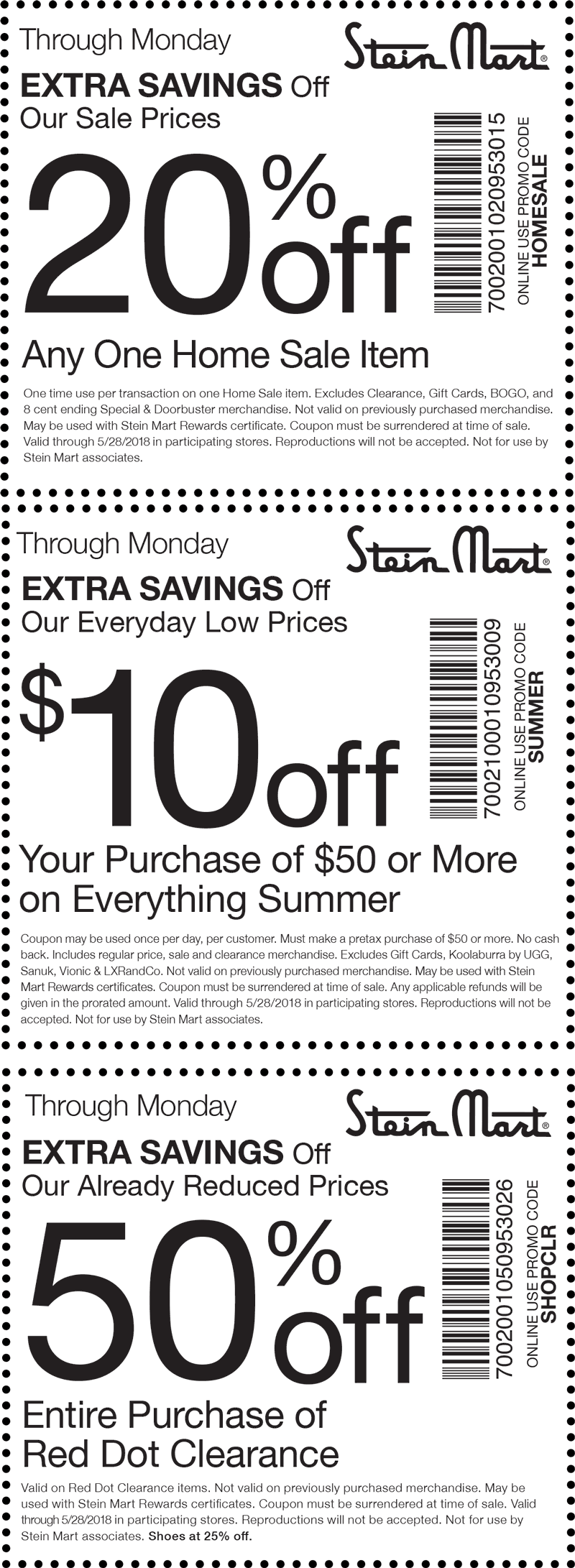Stein Mart Coupon April 2024 $10 off $50 on summer items & more at Stein Mart, or online via promo code SUMMER