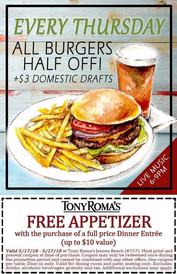 Tony Romas Coupon April 2024 Free appetizer with your dinner at Tony Romas