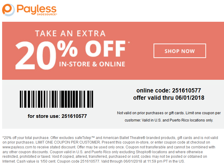 Payless Shoesource Coupon April 2024 Extra 20% off at Payless Shoesource, or online via promo code 251610577