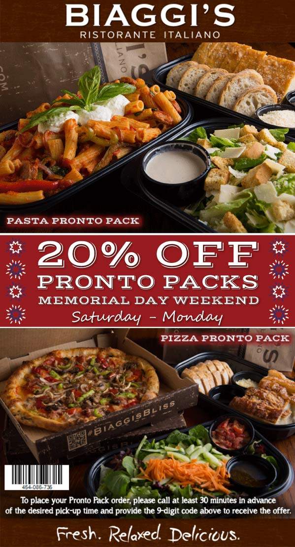 Biaggis Coupon March 2024 20% off pronto packs at Biaggis restaurants