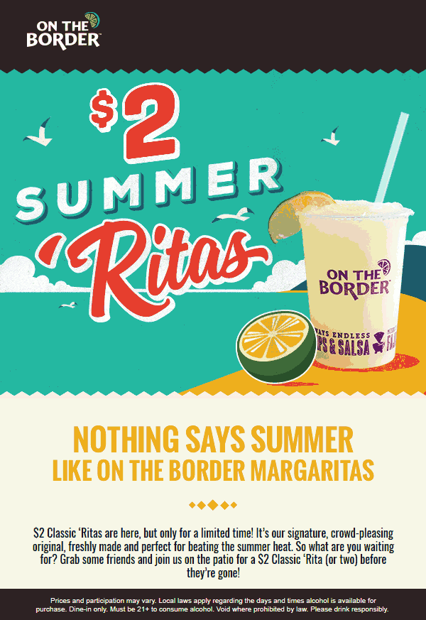 On The Border Coupon April 2024 $2 margaritas at On The Border restaurants