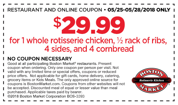 Boston Market Coupon April 2024 Whole chicken + half rack ribs + 4 sides + 4 cornbread = $30 at Boston Market