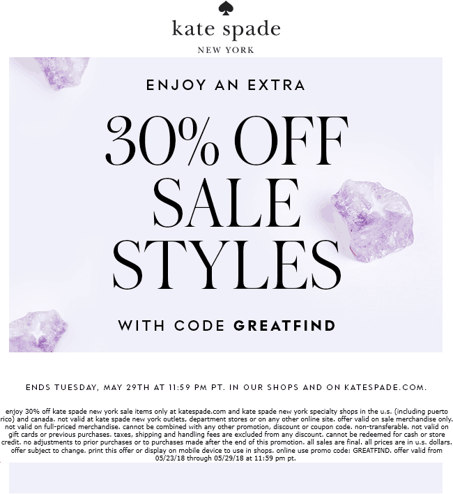 Kate Spade Coupon April 2024 Extra 30% off sale items at Kate Spade, or online via promo code GREATFIND