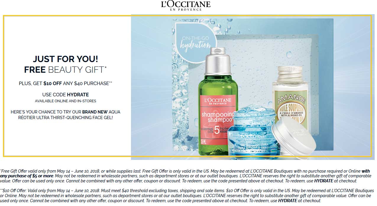 LOccitane Coupon April 2024 Free gift pack no purchase necessary + $10 off $40 at LOccitane, or online via promo code HYDRATE