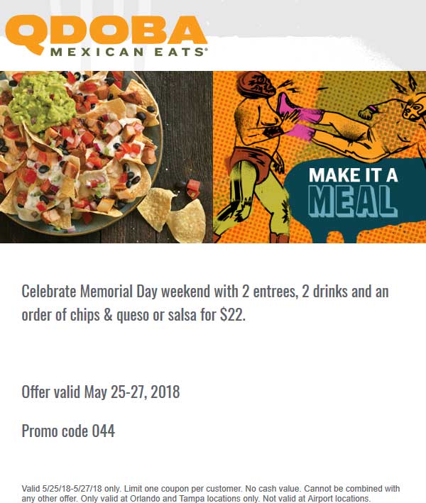 Qdoba Coupon March 2024 2 entrees + 2 drinks + chips & queso = $22 at Qdoba Mexican Eats