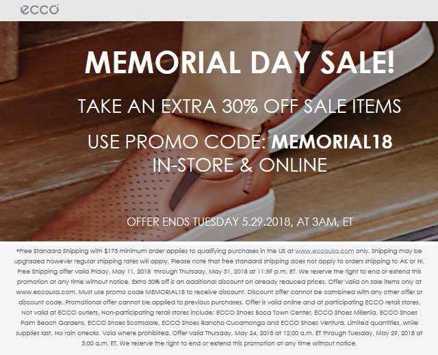 ECCO Coupon April 2024 Extra 30% off sale items at ECCO, or online via promo code MEMORIAL18