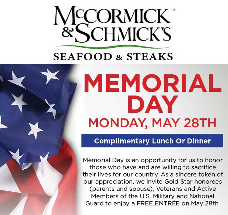 McCormick & Schmicks Coupon April 2024 Free lunch or dinner for military Monday at McCormick & Schmicks seafood & steaks