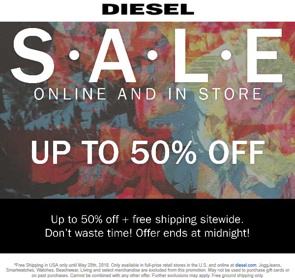Diesel Coupon March 2024 50% off sale going on today at Diesel, ditto online