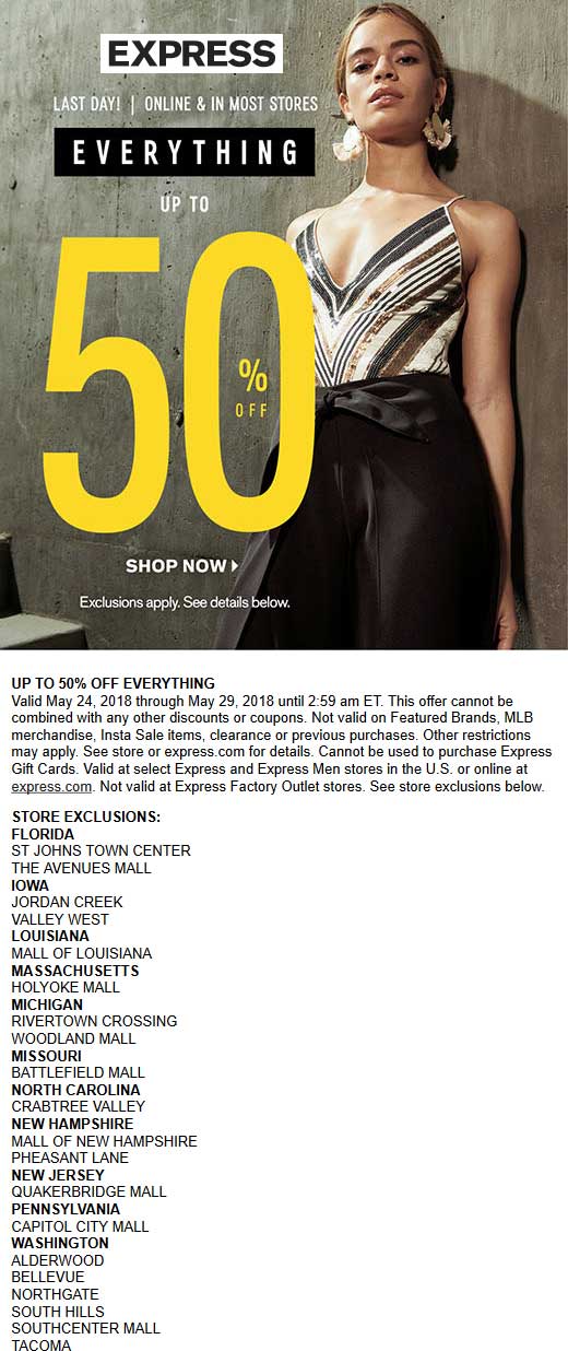 Express Coupon April 2024 50% off sale going on today at Express, ditto online