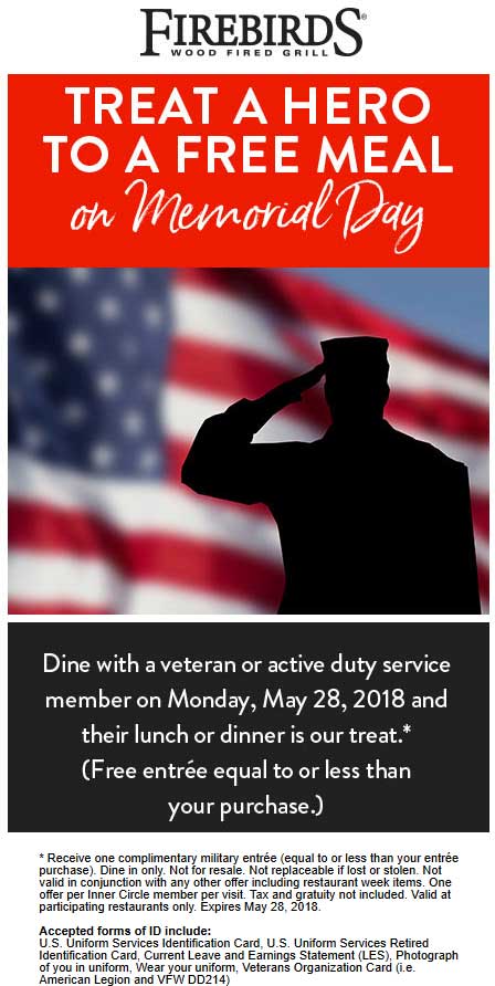 Firebirds Coupon April 2024 Military eat free with your meal today at Firebirds wood fired grill