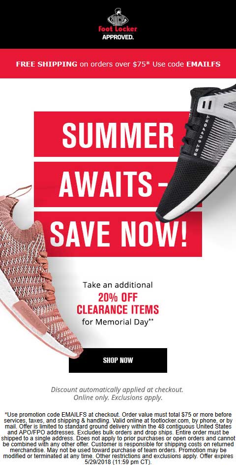 Foot Locker Coupon March 2024 Extra 20% off clearance online today at Foot Locker, no code needed