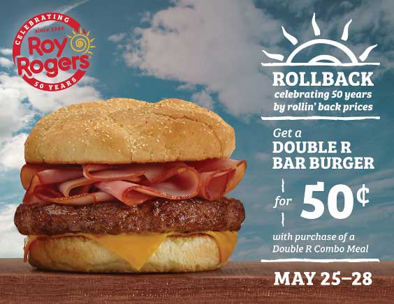 Roy Rogers Coupon April 2024 Second double bar burger for .50 cents today at Roy Rogers restaurants