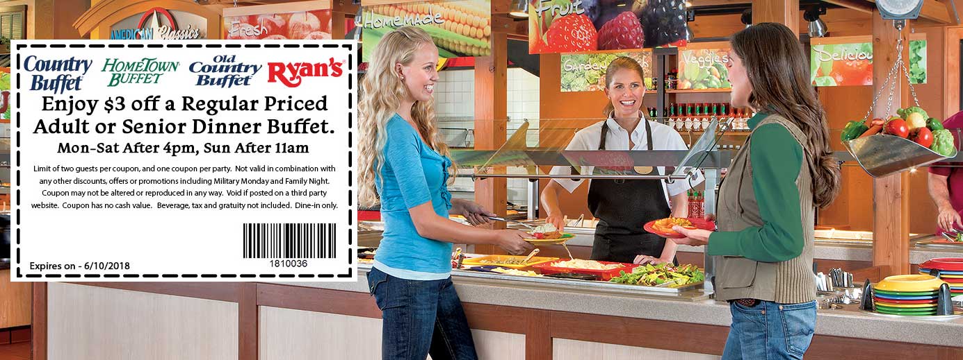 Old Country Buffet Coupon April 2024 $3 off a dinner buffet at Ryans, HomeTown Buffet & Old Country Buffet