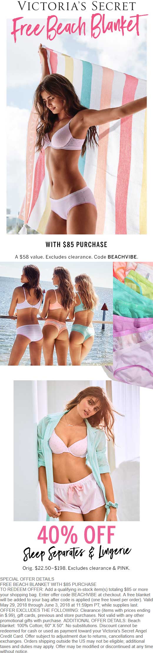 Victorias Secret Coupon April 2024 Free $58 beach blanket with $85 spent at Victorias Secret, or online via promo code BEACHVIBE