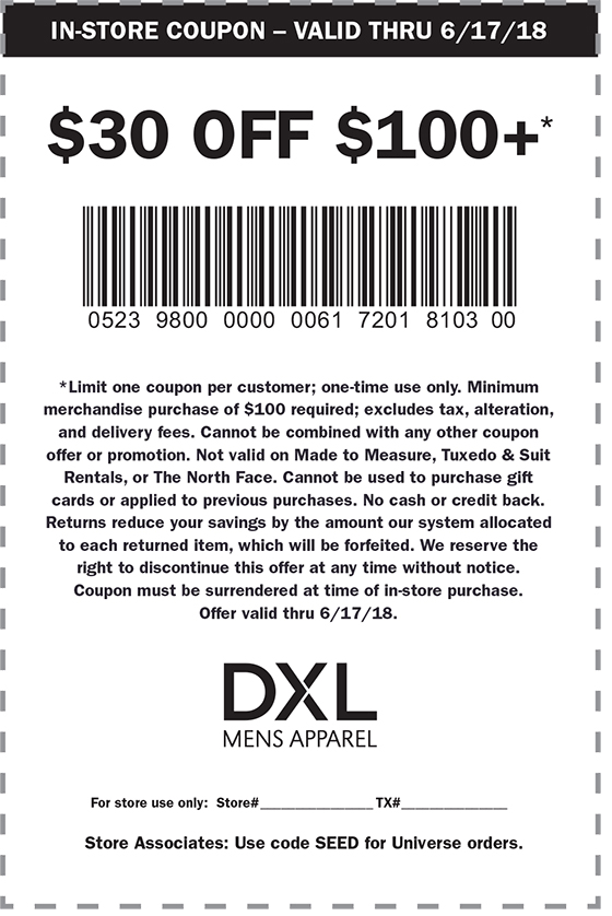 DXL Coupon April 2024 $30 off $100 at DXL mens apparel