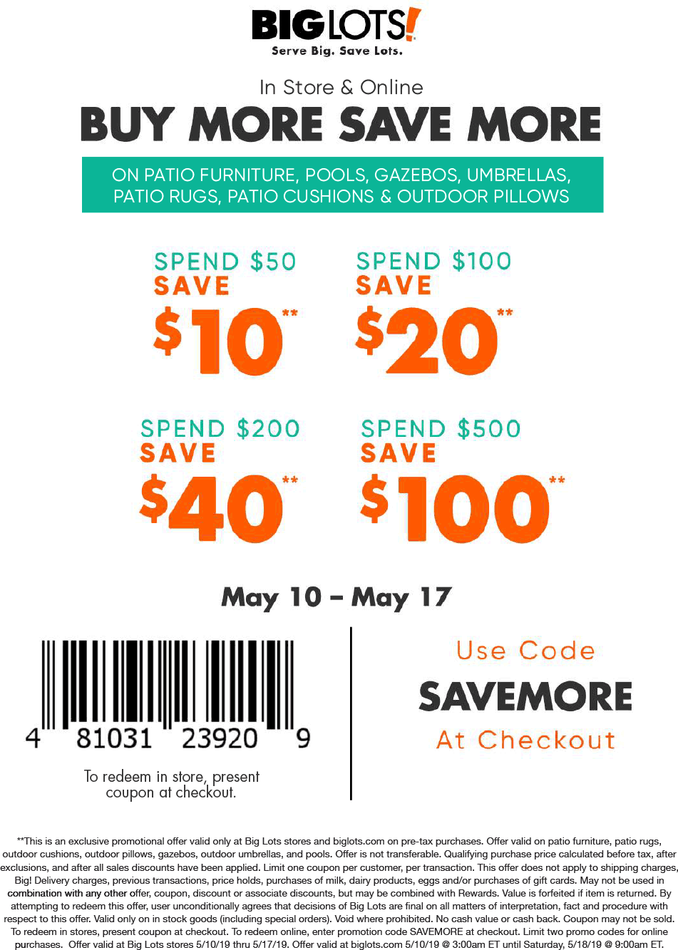 Big Lots Coupon April 2024 $10 off $50 & more on outdoor at Big Lots, or online via promo code SAVEMORE