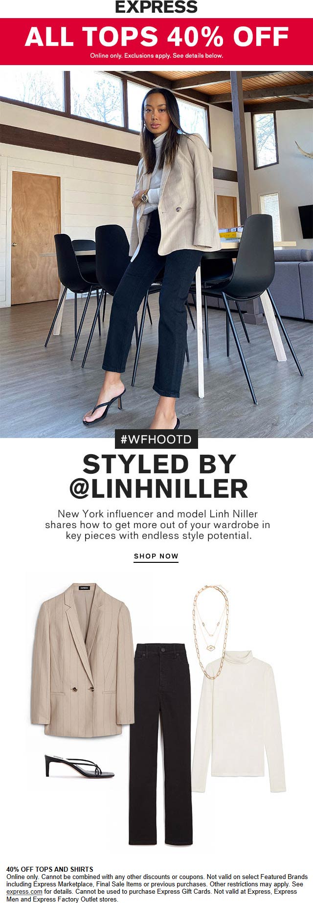 Express stores Coupon  40% off all tops & shirts at Express (05/07)