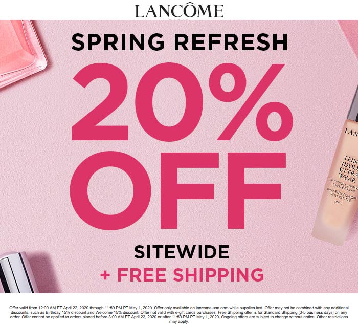 Lancome stores Coupon  20% off everything today at Lancome (05/01)