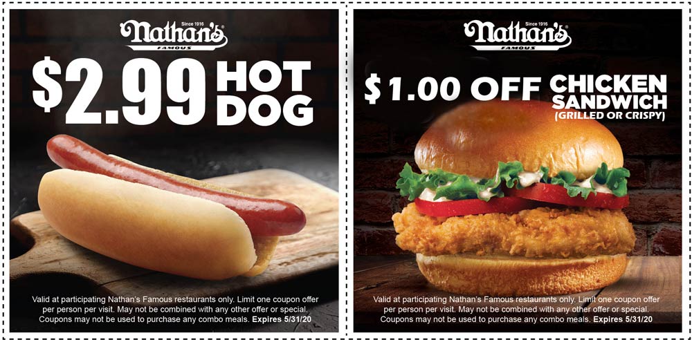 Nathans Famous stores Coupon  $3 hot dogs at Nathans Famous #nathansfamous