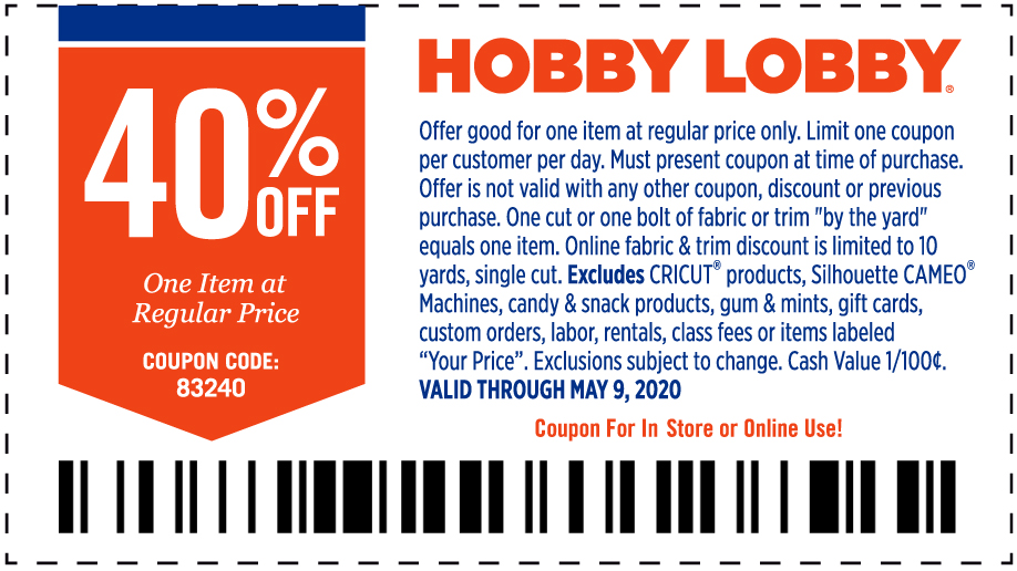 Hobby Lobby stores Coupon  40% off a single item at Hobby Lobby via promo code 83240 #hobbylobby