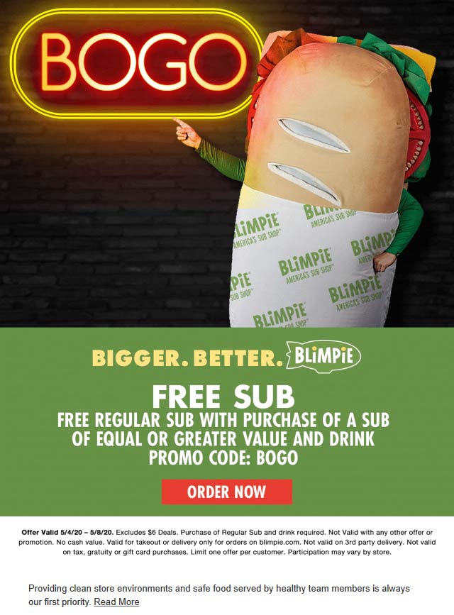 Blimpie restaurants Coupon  Second sub sandwich free at Blimpie #blimpie