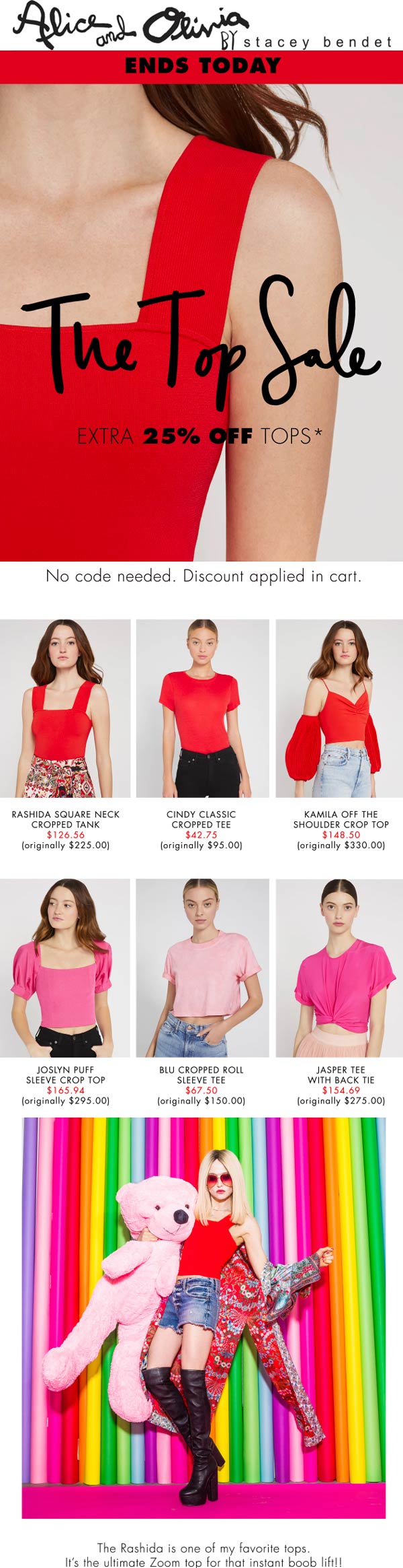Alice and Olivia stores Coupon  Extra 25% off tops today at Alice and Olivia #aliceandolivia