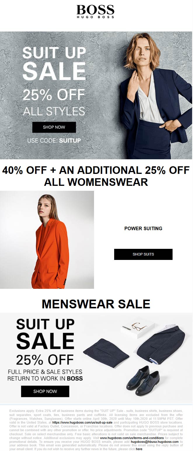 BOSS stores Coupon  65% off all womenswear at HUGO BOSS via promo code SUITUP #boss