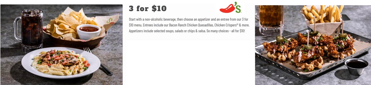 Chilis restaurants Coupon  Appetizer + entree + beverage = $10 at Chilis #chilis