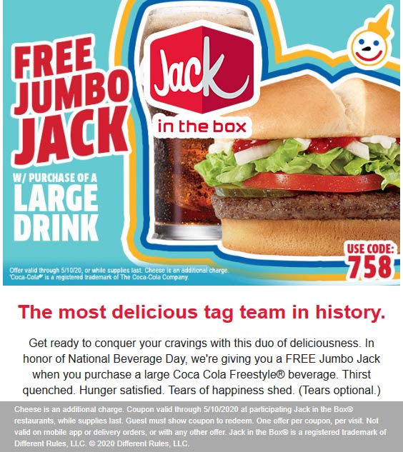 Jack in the Box restaurants Coupon  Free jumbo hamburger with your drink at Jack in the Box #jackinthebox