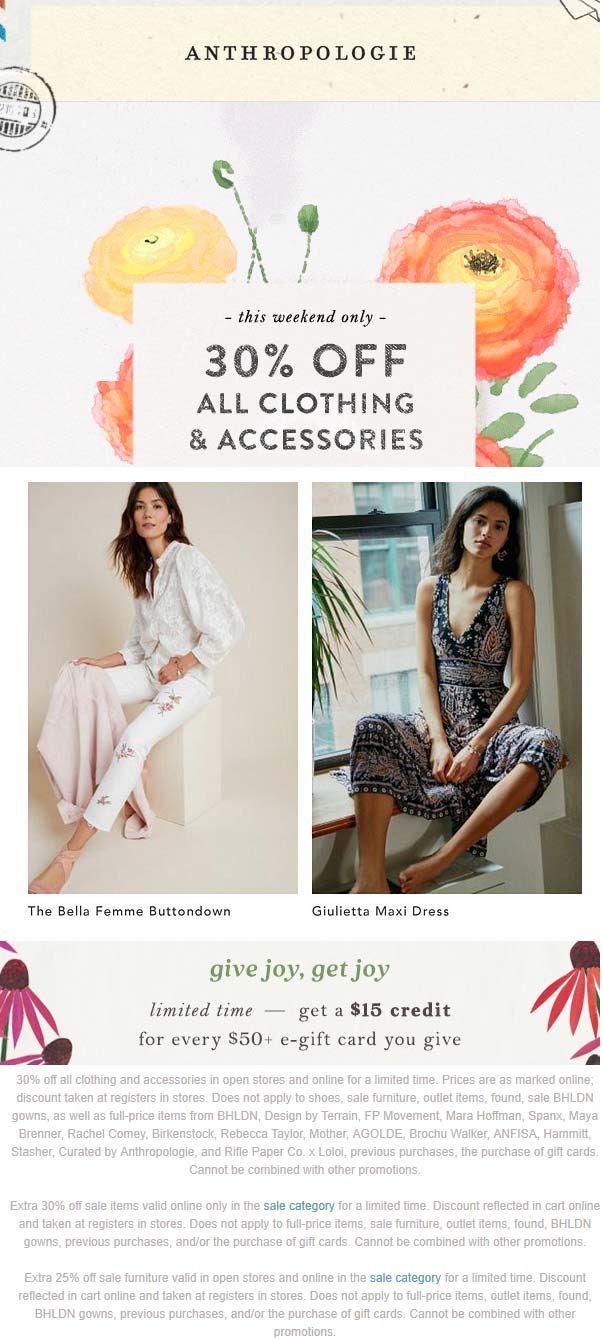 30% off all clothing & accessories at Anthropologie #anthropologie