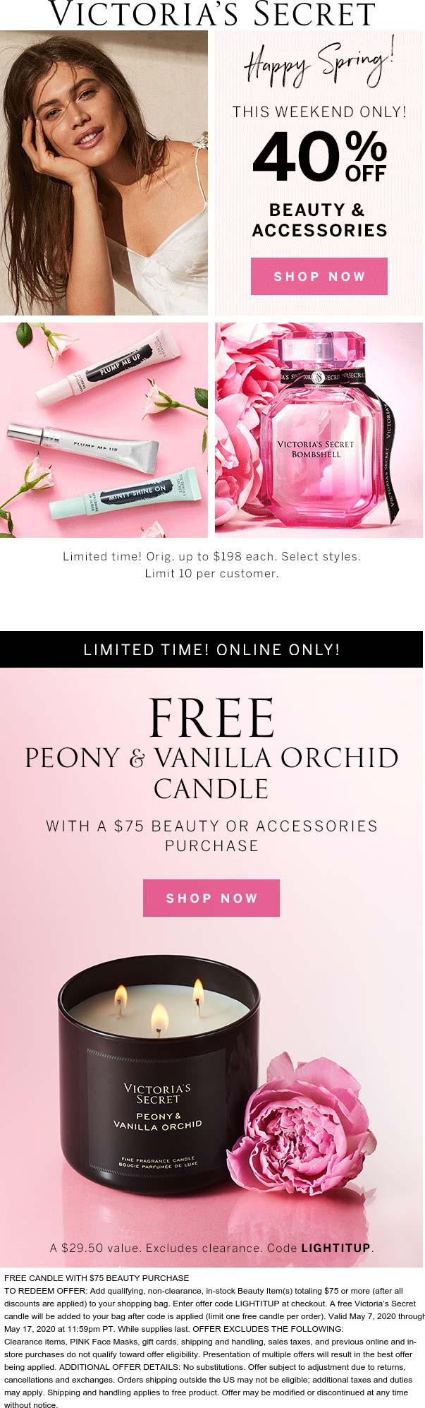 40% off beauty & accessories + free candle on $75 at Victorias Secret # ...