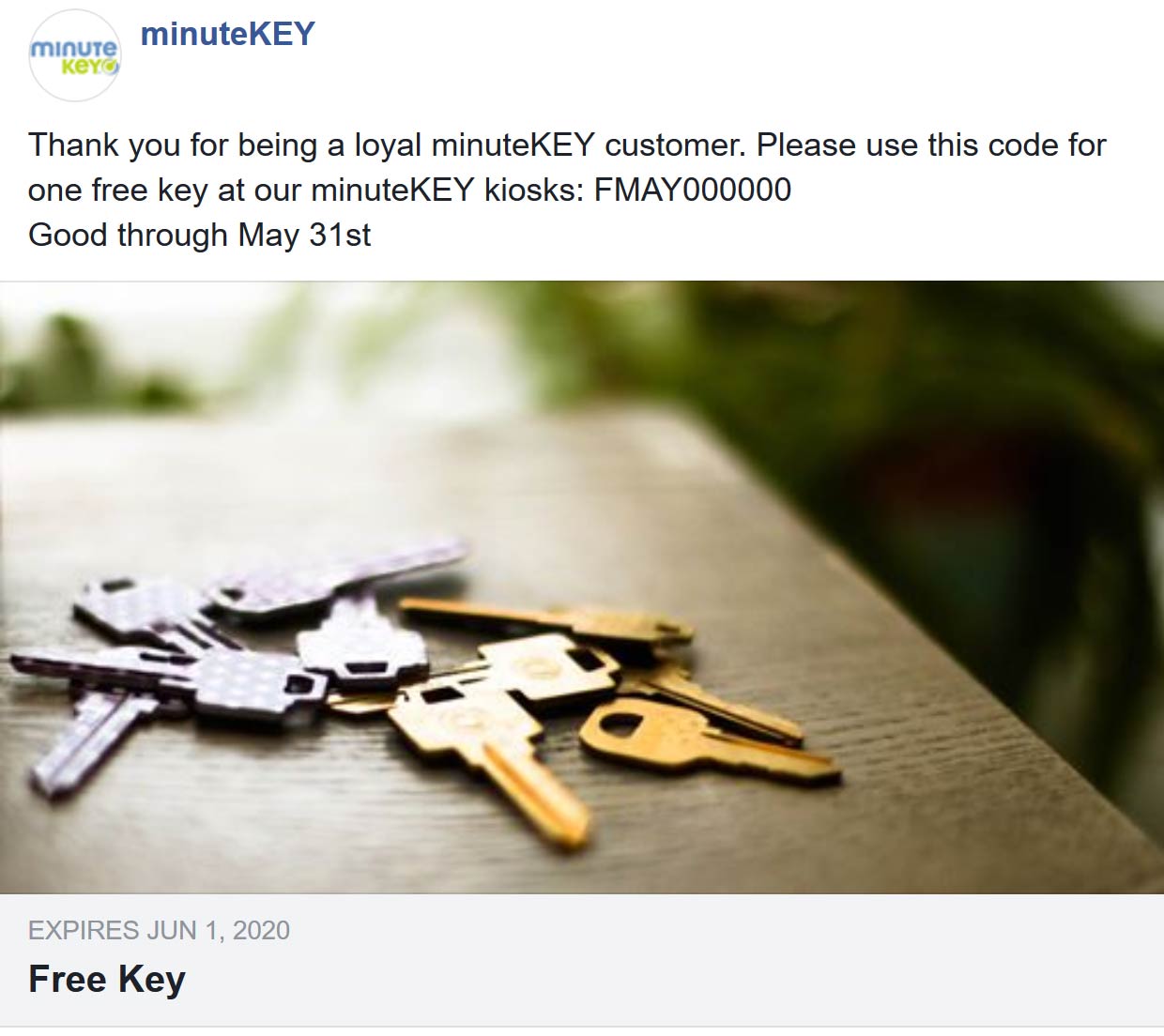 minuteKEY stores Coupon  Free key at minuteKEY kiosks via promo code FMAY000000 #minutekey