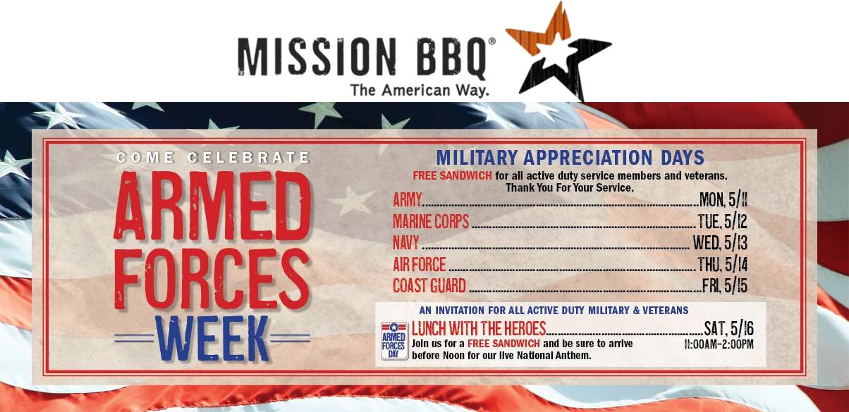 Mission BBQ restaurants Coupon  Military appreciation week free sandwich & lunch at Mission BBQ #missionbbq