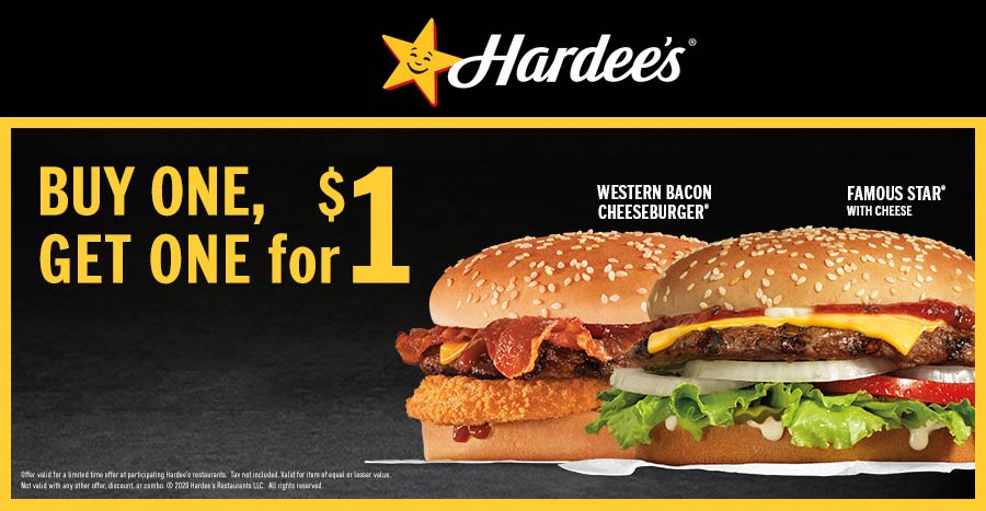Hardees stores Coupon  Second cheeseburger for $1 at Hardees #hardees