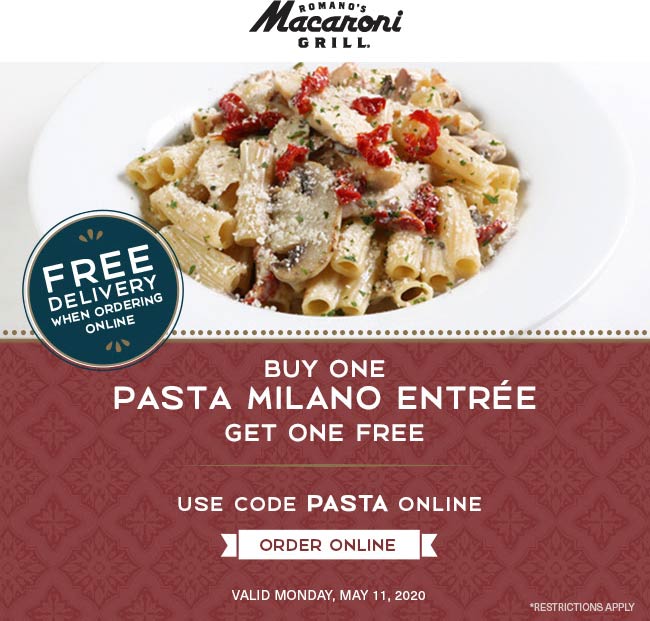 Macaroni Grill restaurants Coupon  Second pasta milano free today at Macaroni Grill restaurants via promo code PASTA #macaronigrill