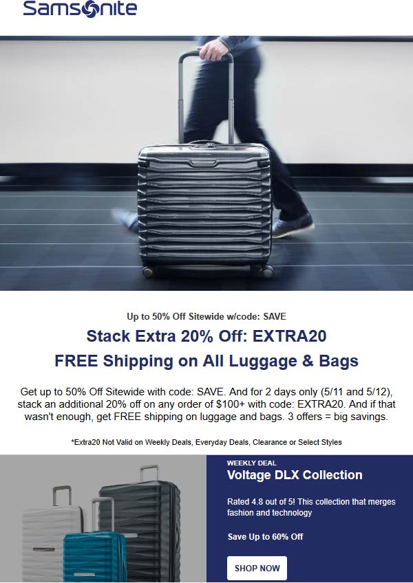 50 off various + extra 20 off 100 on luggage & bags at Samsonite via