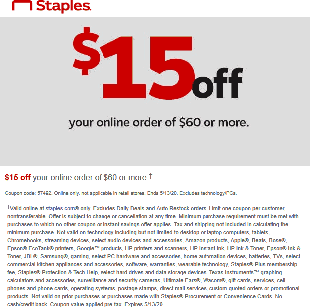 Staples stores Coupon  $15 off $60 today at Staples via promo code 57492 #staples