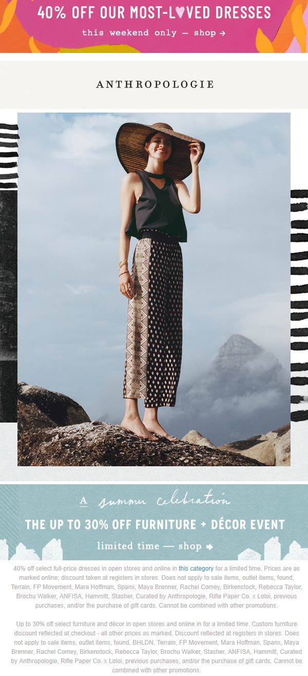Anthropologie stores Coupon  40% off summer dresses & more at Anthropologie #anthropologie